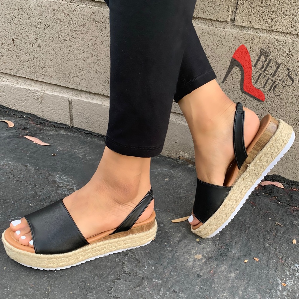 Black Faux Leather SlingBack Espadrille Platforms - Picture 4 of 5